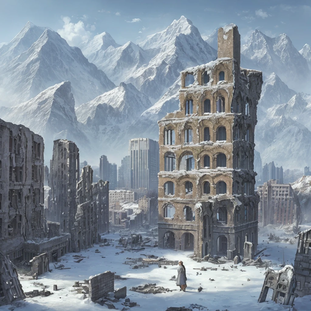 Ruins of a city in the snow-capped mountains