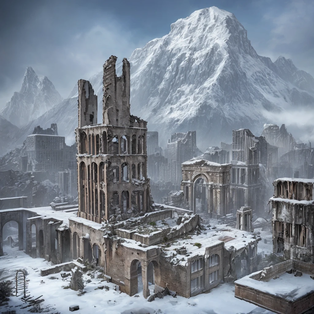 Ruins of a city in the snow-capped mountains