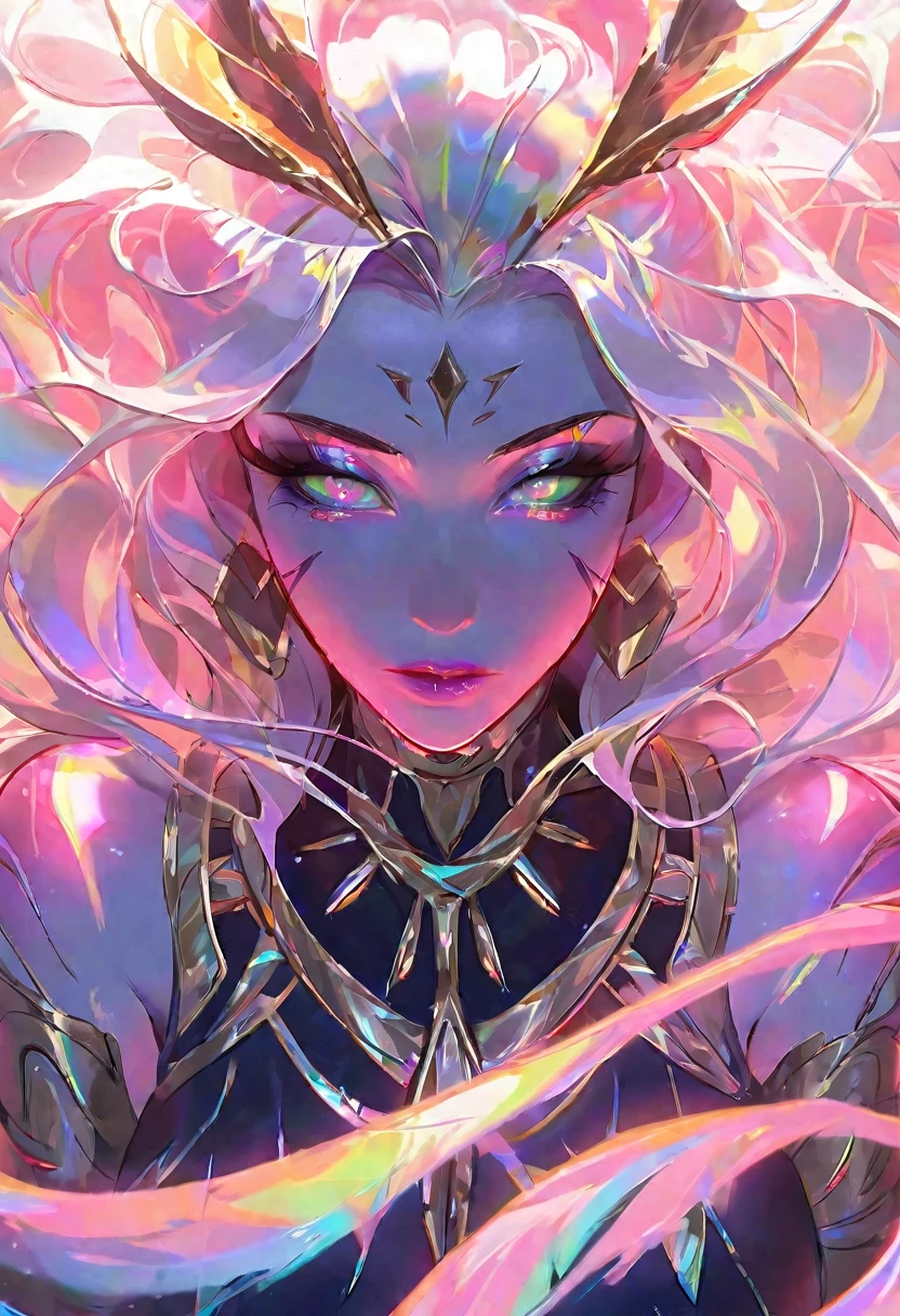 An hyper detailed gouache painting, professional illustration of beautiful woman, facing the camera, wide shot, from above:1.5, best aesthetic, lolsplashart, League of Legends, iridescent pastel colors, glossy skin effect, loose paint, vibrant, white background, high quality, artwork :1.4, half body portrait, sketch, Symmetrical human features, symmetrical eyes, amazing quality, masterpiece, best quality, hyper detailed, ultra detailed, UHD, perfect anatomy