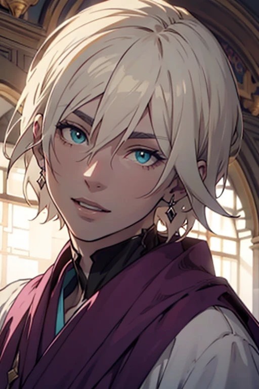 1male, anime, platinum blonde hair, straight hair, very short hair, cyan eyes, pale skin, magician, orange and purple robes, pretty, digital illustration, trending on artstation, highly detailed, vibrant colors, arabic buildings background, 4k, insane details, insane quality, historical, the arcana game, sexy, on bed, face close up, mouth closed, hot, erotic, clothes falling