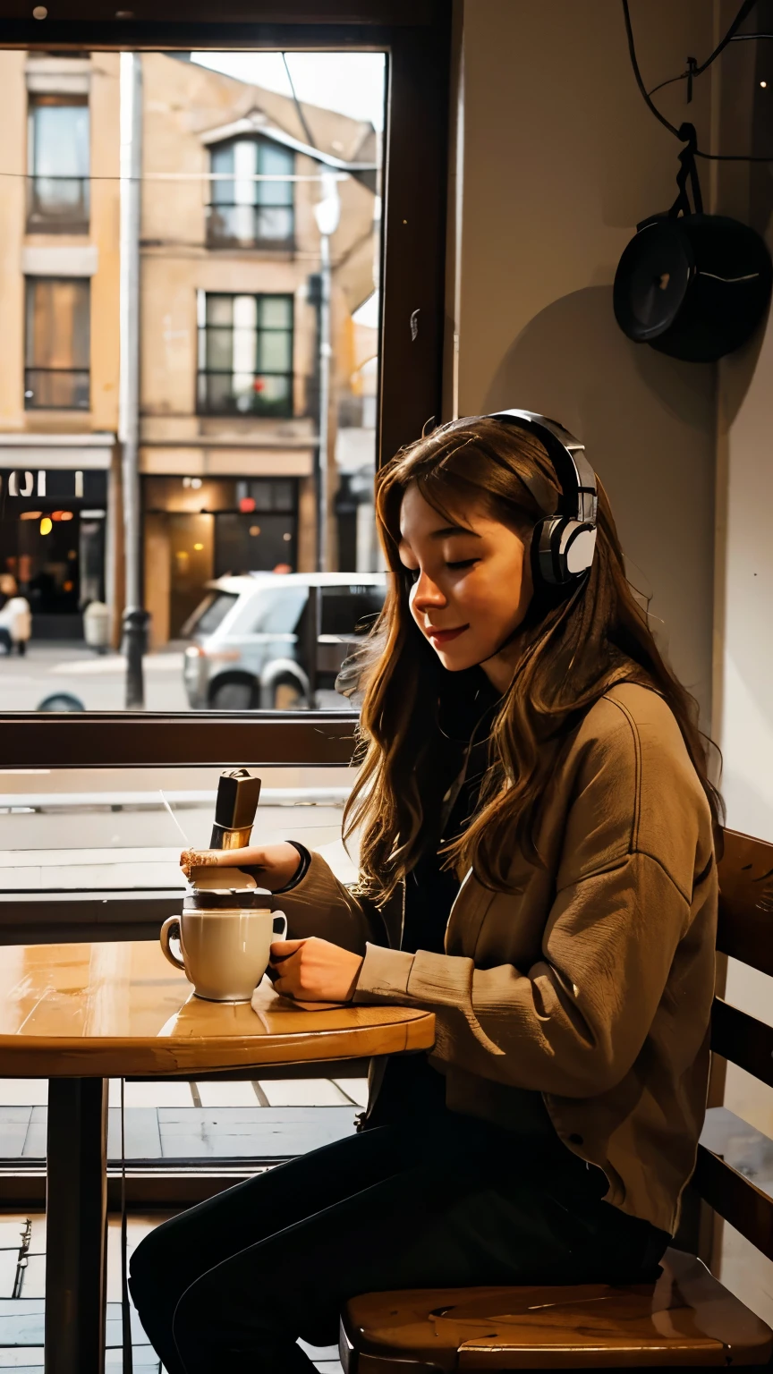 Create a cozy setting in a charming cafe, where a Lofi girl is sitting at the table, enjoying a warm cup of coffee while listening to her favorite music on her headphones.