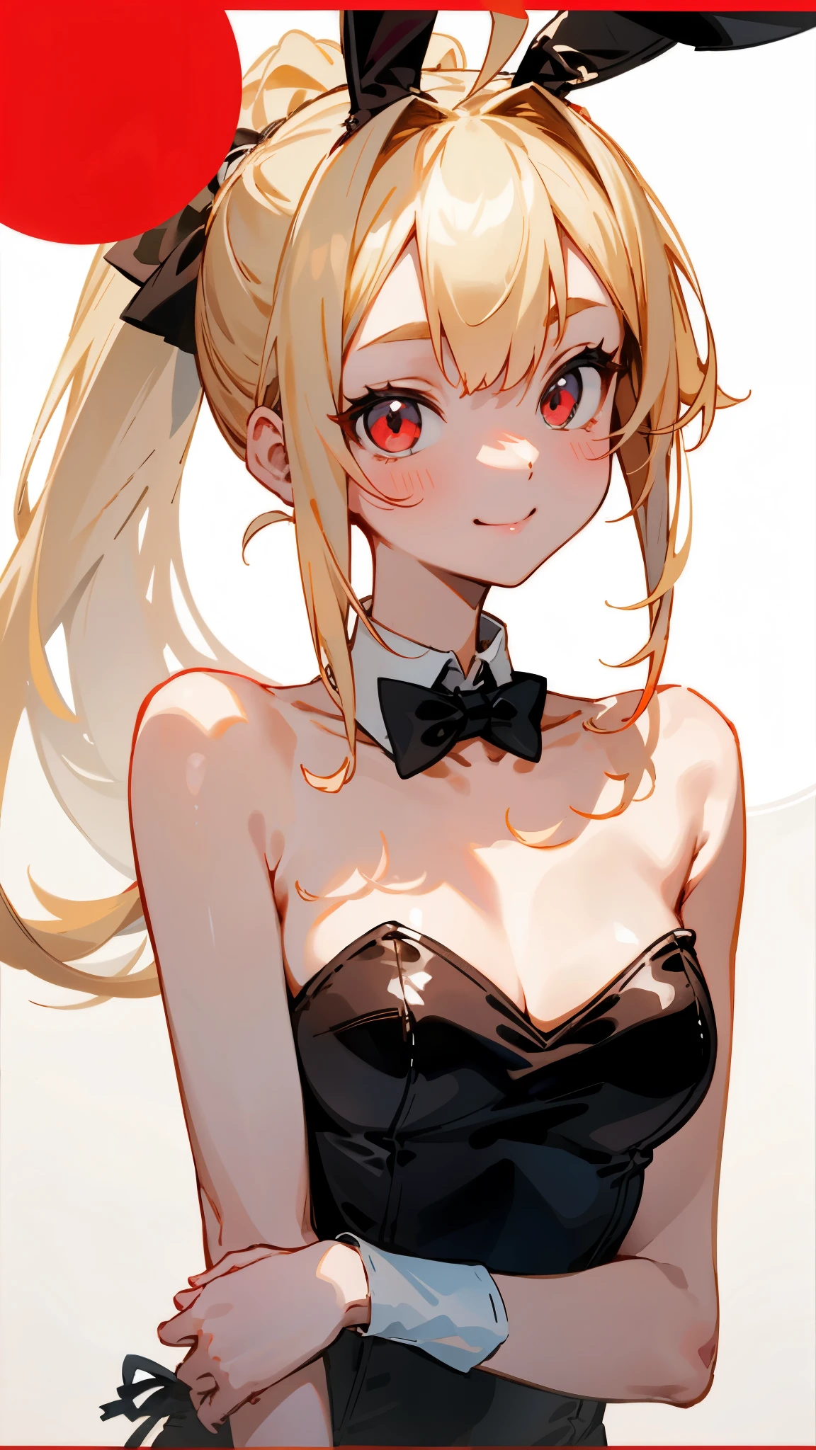 1girl、Blonde ponytail、Ahoge、Big round red eyes、Two Corners:1.0、(Playboy Bunny, Bunny ears, Exposing shoulders, Bare arms:1.0)、smile、Upper body close-up、Cinematic light, Photo Studio Background