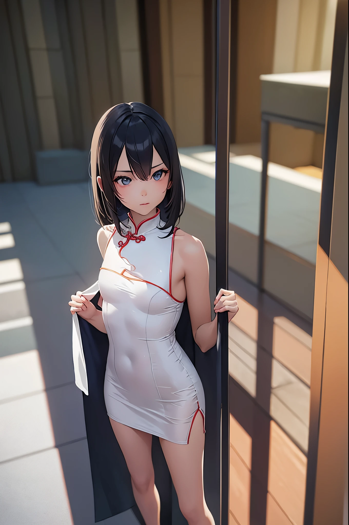a sexy woman, (best quality), (masterpiece), (1girl), slim, anime, (flat chested), (chinese dress), (standing), (protrait), (naked legs), (view from above)