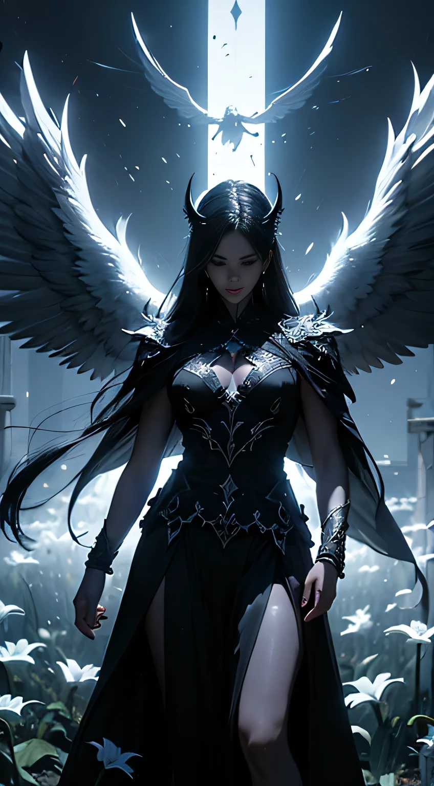 bright illustration of the Angel of Life., Mysterious and unearthly figure, standing on the threshold between life and death. Woman with tiny white May lily of the valley flowers. White and black wing. His presence is mysterious and powerful...., with huge wings, stretching to the horizon, and a penetrating gaze, conveying calm and fear.. He uses cool tones and deep shadows, to emphasize its unearthly nature and connection with the kingdom of death......(dark lighting), ( Essential lighting),(Spectral lighting)