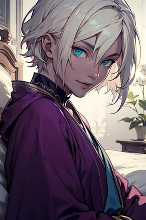 1male, anime, platinum blonde hair, straight hair, very short hair, cyan eyes, pale skin, magician, orange and purple robes, pretty, digital illustration, trending on artstation, highly detailed, vibrant colors, arabic buildings background, 4k, insane details, insane quality, historical, the arcana game, sexy, on bed, face close up, mouth closed, hot, erotic, clothes falling