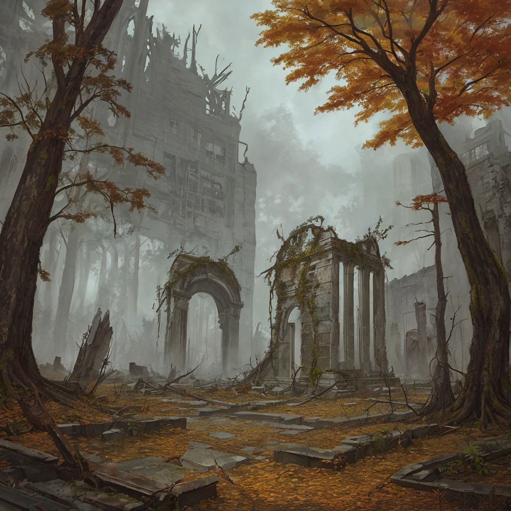 Ruins of a city in the autumn forest