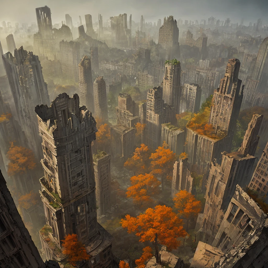 Ruins of a city in the autumn forest