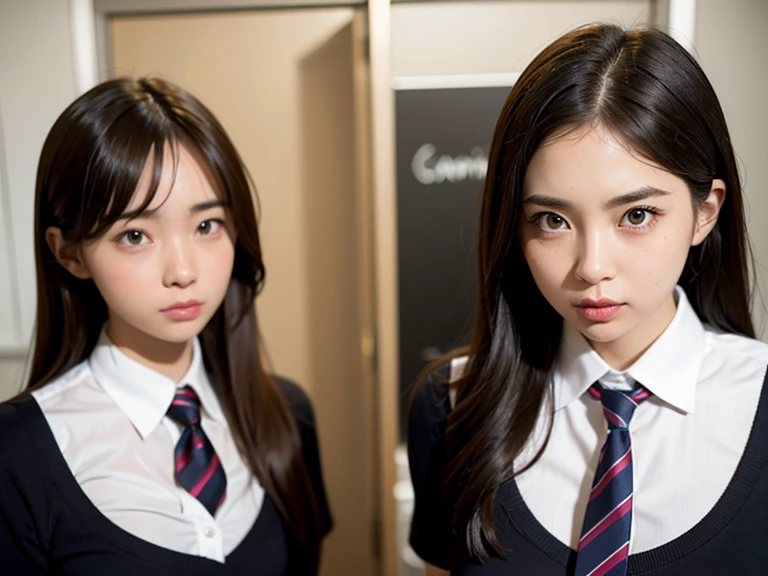 2 girls of the same appearance (twins), but opposite characters: Shy school teacher and slutty office lady, stand next to, character-appropriate facial expressions and poses, interaction possible