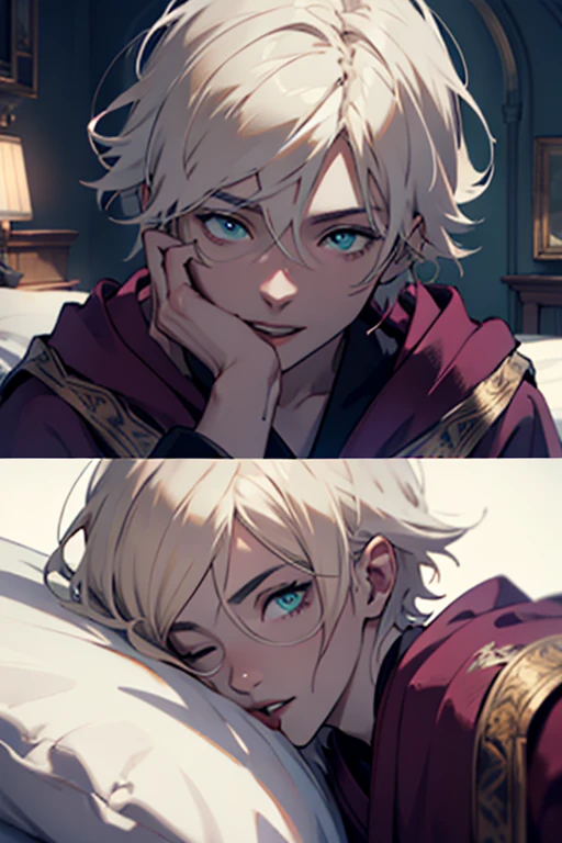 1male, anime, platinum blonde hair, straight hair, very short hair, cyan eyes, pale skin, magician, orange and purple robes, pretty, digital illustration, trending on artstation, highly detailed, vibrant colors, arabic buildings background, 4k, insane details, insane quality, historical, the arcana game, sexy, on bed, face close up, mouth closed, hot, erotic, clothes falling