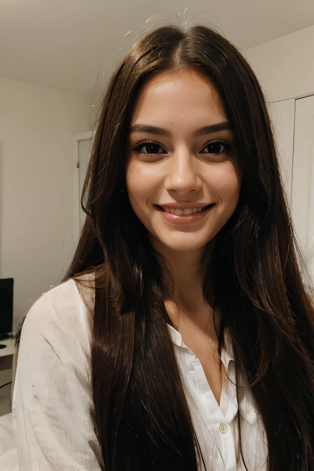 portrait of woman looking to the camara perfect smile and long hair