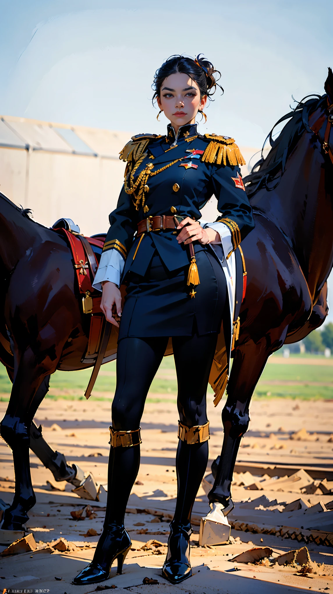 (Best quality, 4K, high resolution, masterpiece, ultra-detailed, realistic anatomy, photo-realistic:1.37), alluring mature woman, high-ranking military officer, (wearing Prussian Field Marshal uniform), (black double-breasted jacket adorned with medals), (matching pencil skirt), (matching shoulder cape), Prussian field marshal cap, black stocking, heel boots, chestnut hair, elegantly styled in a chignon bun, standing authoritatively while holding the Field Marshal's baton, This full-body portrait captures her formidable presence and power, with sharp focus on her uniform's intricate details, her numerous medals, and her intense gaze, The image evokes an aura of experience, discipline, and supreme authority, set against an impressive military headquarters backdrop,