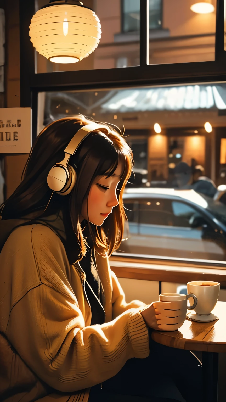 Create a cozy setting in a charming cafe, where a Lofi girl is sitting at the table, enjoying a warm cup of coffee while listening to her favorite music on her headphones.