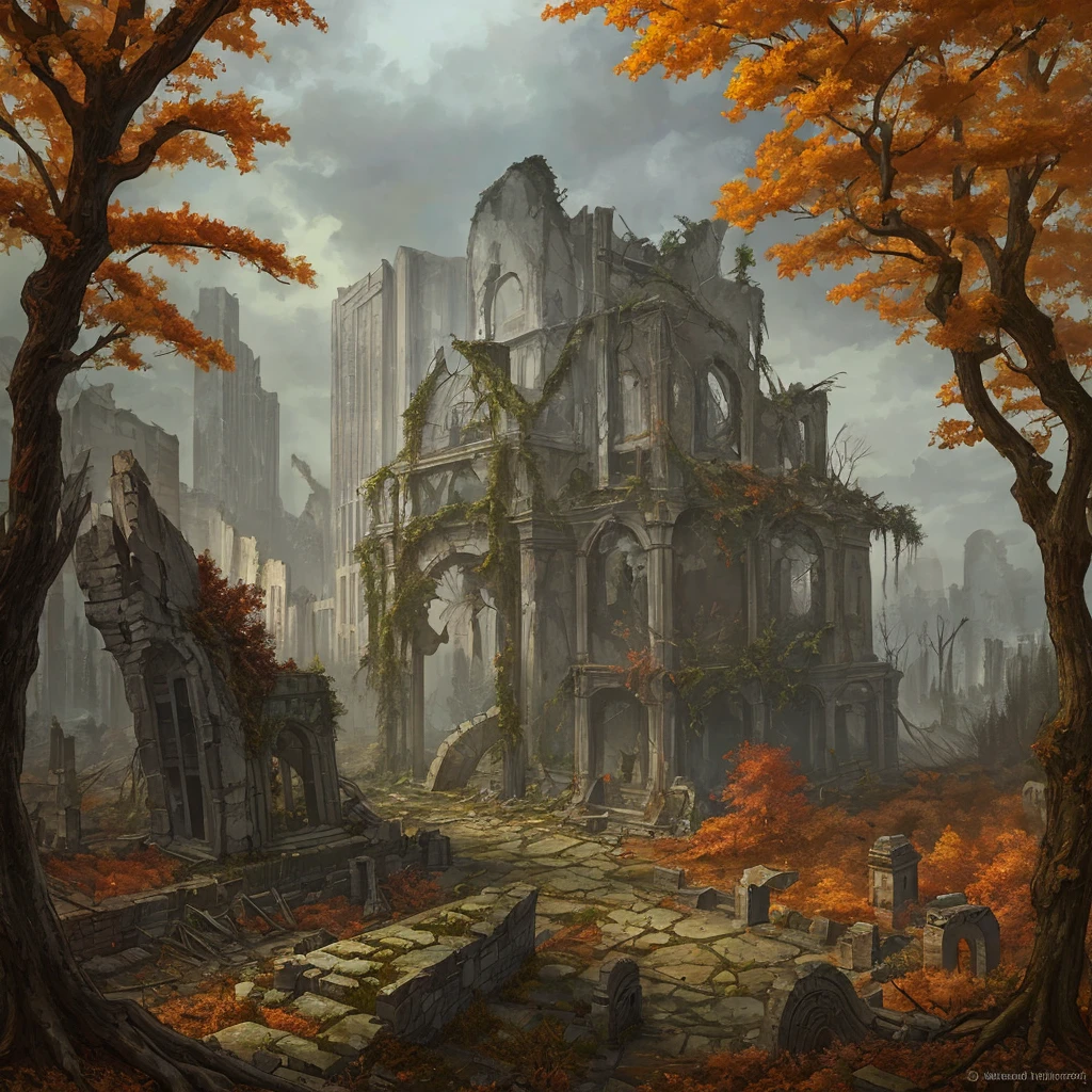 Ruins of a city in the autumn forest