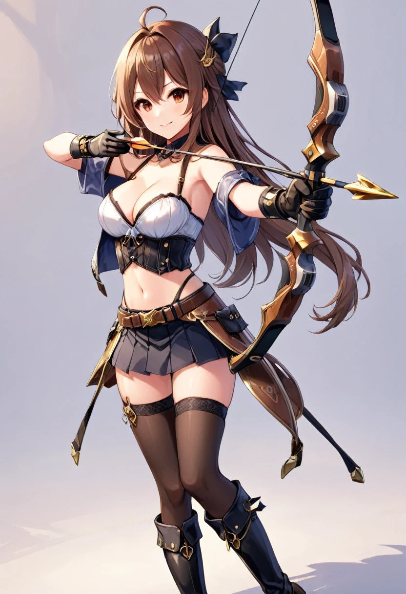 (masutepiece, Best Quality), 1girl, solo, long-hair, weapon, thighhighs, brown-hair, gloves, navel, brown-eyes, smile, breasts, medium-breasts, cleavage, belt, looking-at-viewer, boots, midriff, black-thighhighs, full-body, skirt, ahoge, holding-weapon, blush, holding, bandeau, standing, Aiming a Bow
