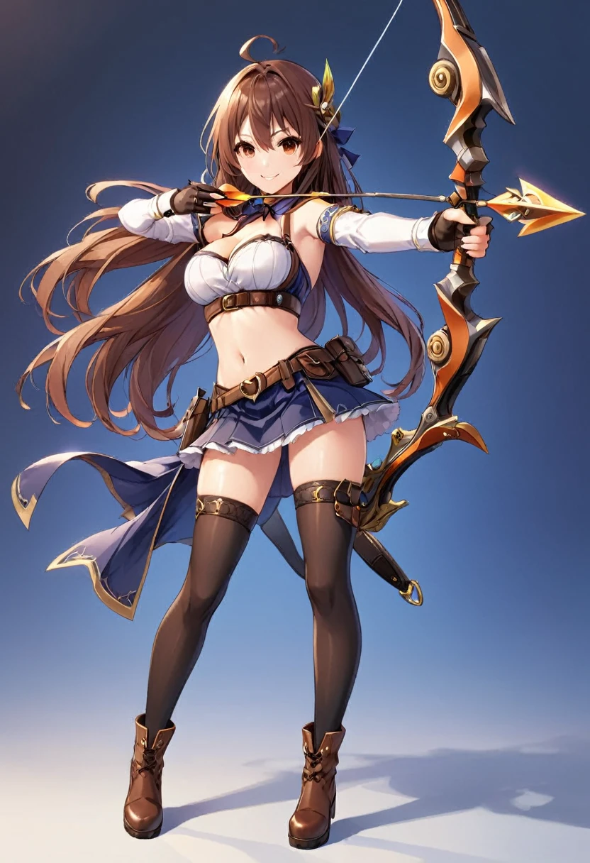 (masutepiece, Best Quality), 1girl, solo, long-hair, weapon, thighhighs, brown-hair, gloves, navel, brown-eyes, smile, breasts, medium-breasts, cleavage, belt, looking-at-viewer, boots, midriff, black-thighhighs, full-body, skirt, ahoge, holding-weapon, blush, holding, bandeau, standing, Aiming a Bow