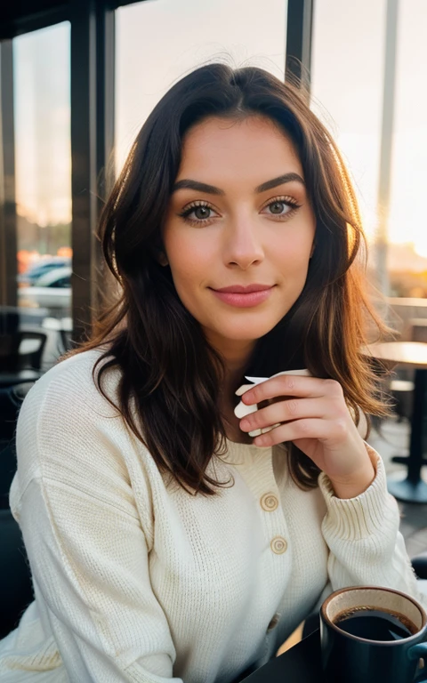 Cute beautiful blonde with yellow sweater (Drinking coffee in a modern café at sunset), sehr detailliert, 14 Jahre alt, unschuldiges Gesicht, naturally wavy hair, blaue Augen, high-res, Meisterwerk, best qulaity, komplizierte Details, sehr detailliert, scharf Fokus, detaillierte Haut, realistische Hauttextur, Textur, detaillierte Augen, professionell, 4k, charming smile, aufgenommen mit Canon, 85 mm, light depth of field, Kodak Vision-Farbe, perfectly fitting body, extrem detailliert, Foto_\(ultra\), fotorealistisch, realistisch, Nachbearbeitung, maximale Details, Rauheit, echtes Leben, ultrarealistisch, Fotorealismus, Fotografie, 8k uhd, Fotografie