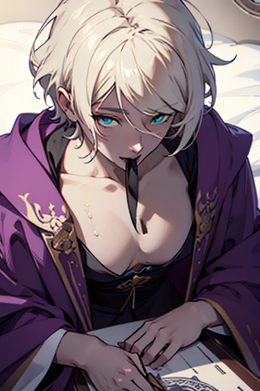 1male, anime, platinum blonde hair, straight hair, very short hair, cyan eyes, pale skin, magician, orange and purple robes, pretty, digital illustration, trending on artstation, highly detailed, vibrant colors, arabic buildings background, 4k, insane details, insane quality, historical, the arcana game, sexy, on bed, face close up, mouth closed, hot, erotic, clothes falling