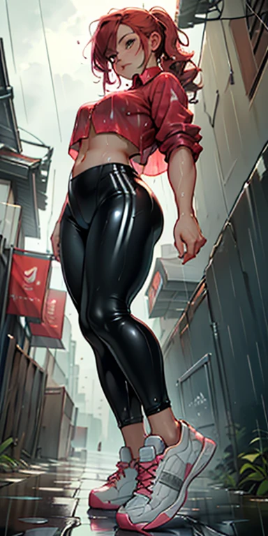 {Red-haired woman, slim big ass, muscular thighs, slim waist, perfect body, she is in an alley Against a wall, Brick wall, Dim lighting, alley}, (long red hair), (detailed eyes), (clear eyes shiny), (feeling sensual, wearing a very short pink plush velvet blouse showing her belly, and black Leather Thermal Flannel Leggings - FashionLeg), ((white Adidas sneakers), (it's raining a lot, rainy weather, cloudy sky raining, she is all wet), full body, view from below.