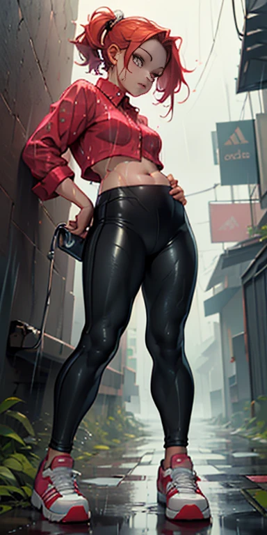 {Red-haired woman, slim big ass, muscular thighs, slim waist, perfect body, she is in an alley Against a wall, Brick wall, Dim lighting, alley}, (long red hair), (detailed eyes), (clear eyes shiny), (feeling sensual, wearing a very short pink plush velvet blouse showing her belly, and black Leather Thermal Flannel Leggings - FashionLeg), ((white Adidas sneakers), (it's raining a lot, rainy weather, cloudy sky raining, she is all wet), full body, view from below.