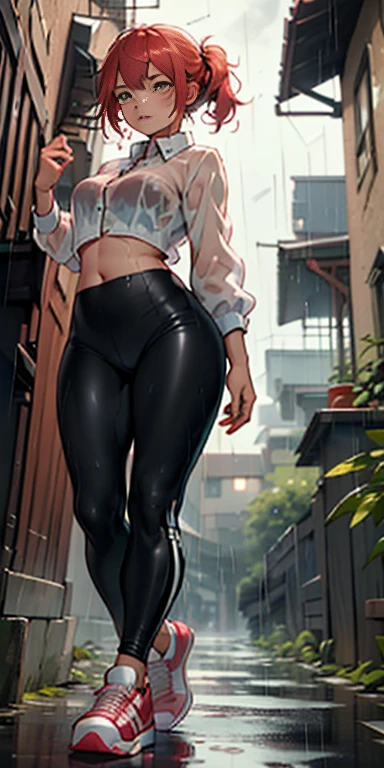 {Red-haired woman, slim big ass, muscular thighs, slim waist, perfect body, she is in an alley Against a wall, Brick wall, Dim lighting, alley}, (long red hair), (detailed eyes), (clear eyes shiny), (feeling sensual, wearing a very short pink plush velvet blouse showing her belly, and black Leather Thermal Flannel Leggings - FashionLeg), ((white Adidas sneakers), (it's raining a lot, rainy weather, cloudy sky raining, she is all wet), full body, view from below.