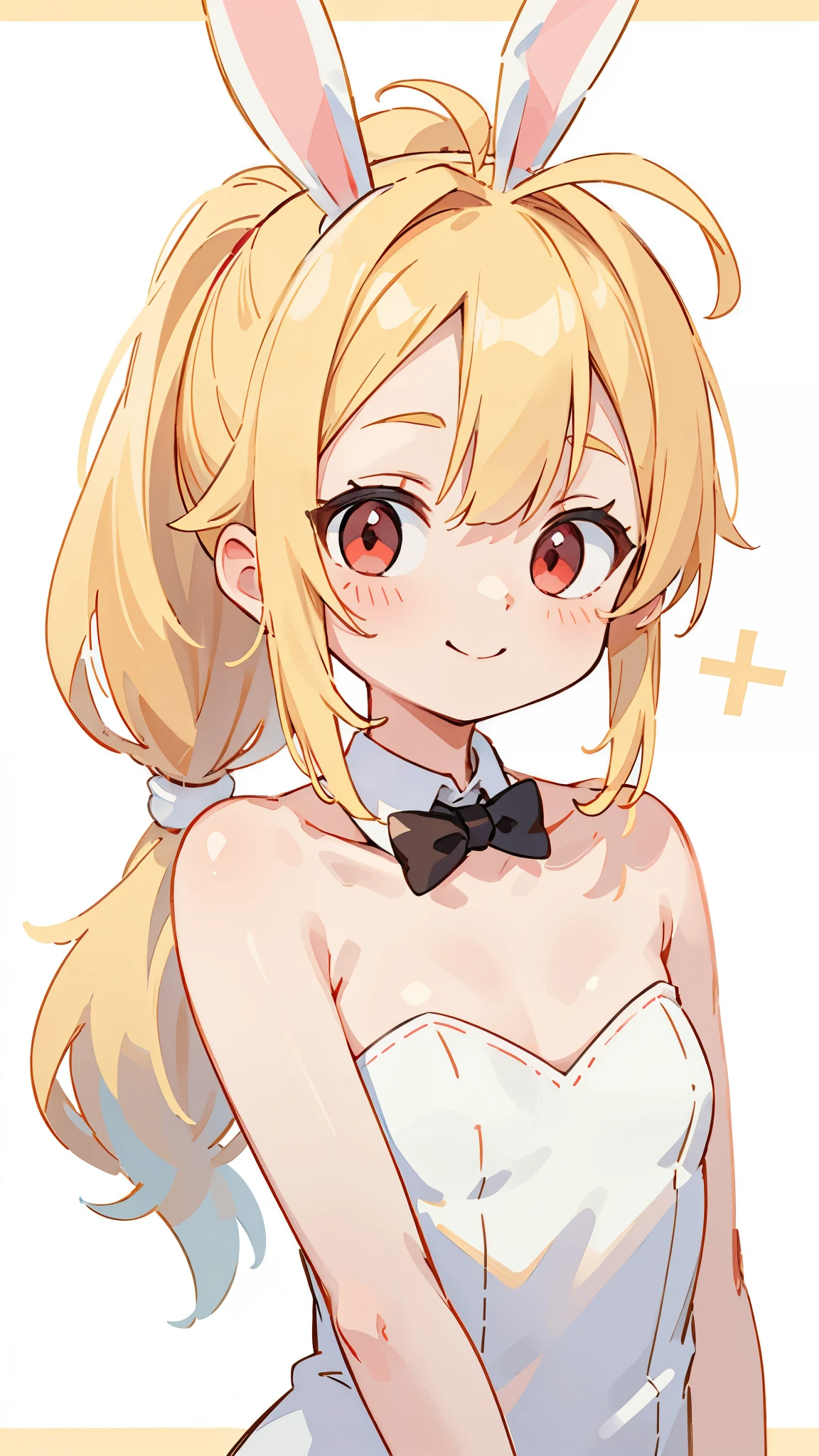 1girl、Blonde ponytail、Ahoge、Big round red eyes、Two Corners:1.0、(Playboy Bunny, Bunny ears, Exposing shoulders, Bare arms:1.0)、smile、Upper body close-up、Cinematic light, Photo Studio