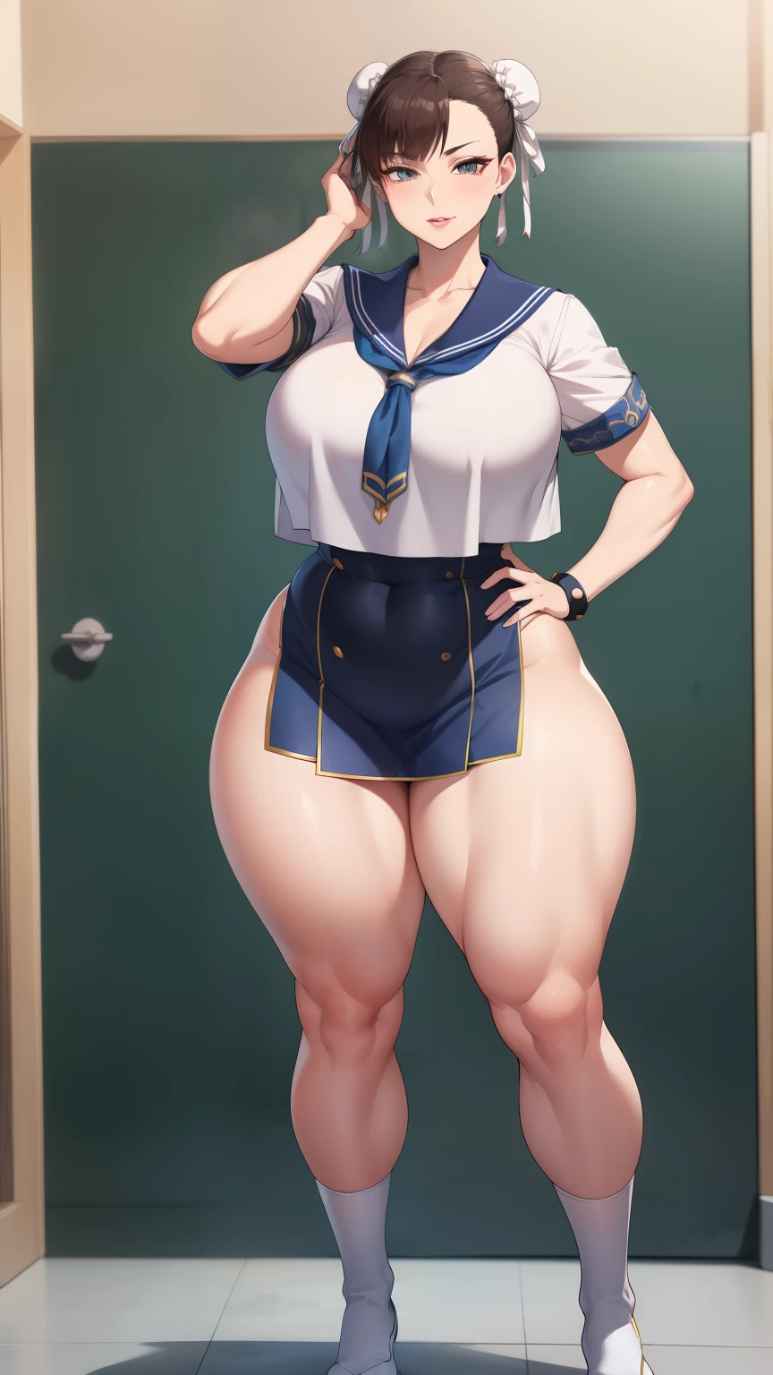 Large Breasts, Big Hips,Full Body Shot, Mature mother, Whipping the lower body, Plump thighs, ox, Seductive mature woman, Perfect body, Plus Size Model,high school girl,Sailor suit, The skirt is short,Mature woman wearing Sailor suit,Chunli