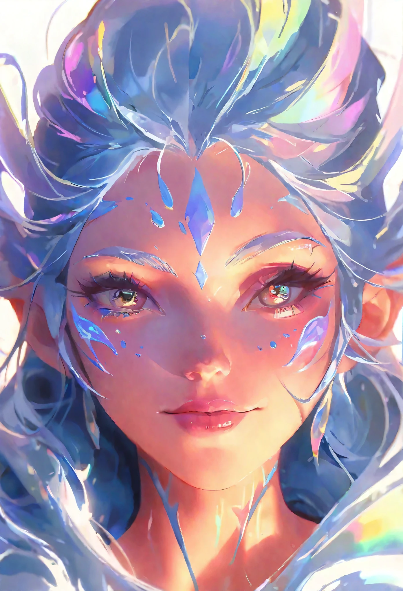 An hyper detailed gouache painting, professional illustration of beautiful woman, facing the camera, wide shot, from above:1.5, best aesthetic, lolsplashart, League of Legends, iridescent pastel colors, glossy skin effect, loose paint, vibrant, white background, high quality, artwork :1.4, half body portrait, sketch, Symmetrical human features, symmetrical eyes, amazing quality, masterpiece, best quality, hyper detailed, ultra detailed, UHD, perfect anatomy