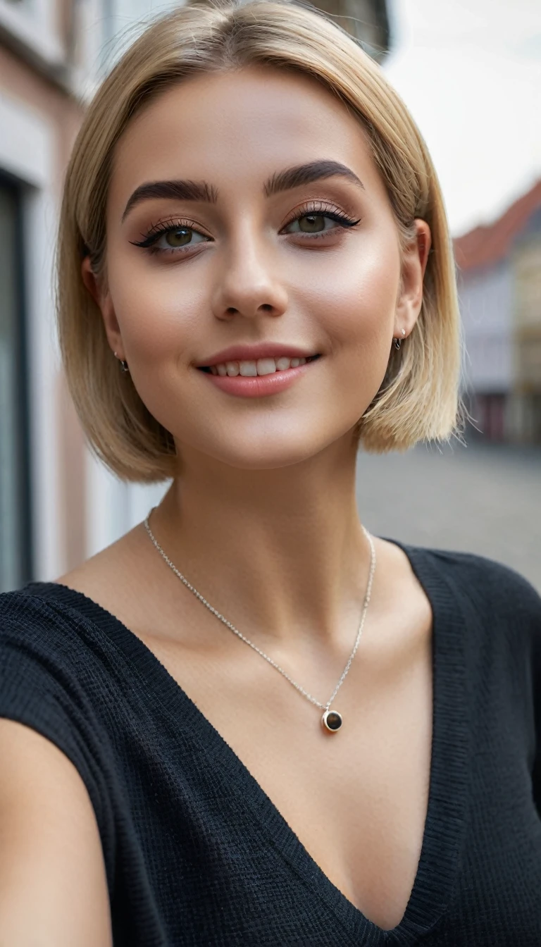 hyperrealistic beautiful busty 18-year-old women wearing basic outfit, model shooting full body photography, view from behind, natural blonde short classic bob, dark eye makeup with eyeliner, seductive smile, small necklace, 8K, best quality, Meisterwerk, ultra high resolution, (Realismus: 1.4), Originalfoto, (realistische Hautstruktur: 1.3), (Filmkorn: 1.3), (Selfie-Winkel), 1 girl, Beautiful round hazel eyes and facial details, Meisterwerk, best quality, selfie-pic-posing outside, nsfw