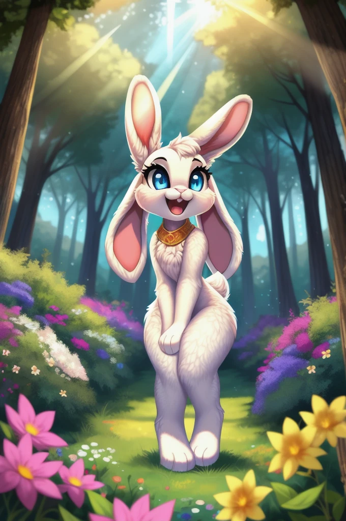 zoomed out image, fantasy style art, cute, adorable, little fluffy female white bunny with blue eyes, 2 extra ears, 4 ears, big floppy ears, long ears, ears perked up, raised ears, long eyelashes, poofy rabbit tail, smiling, standing on two hind feet, standing in a forest, big expressive smile, open mouth, wide eyes, excited eyes, excited face, stunning visuals, sunlight coming through the trees, colorful flowers scattered in the bushes, digital illustration