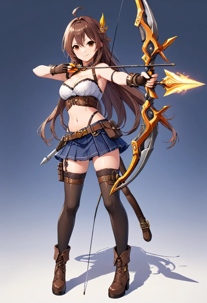 (masutepiece, Best Quality), 1girl, solo, long-hair, weapon, thighhighs, brown-hair, gloves, navel, brown-eyes, smile, breasts, medium-breasts, cleavage, belt, looking-at-viewer, boots, midriff, black-thighhighs, full-body, skirt, ahoge, holding-weapon, blush, holding, bandeau, standing, Aiming a Bow