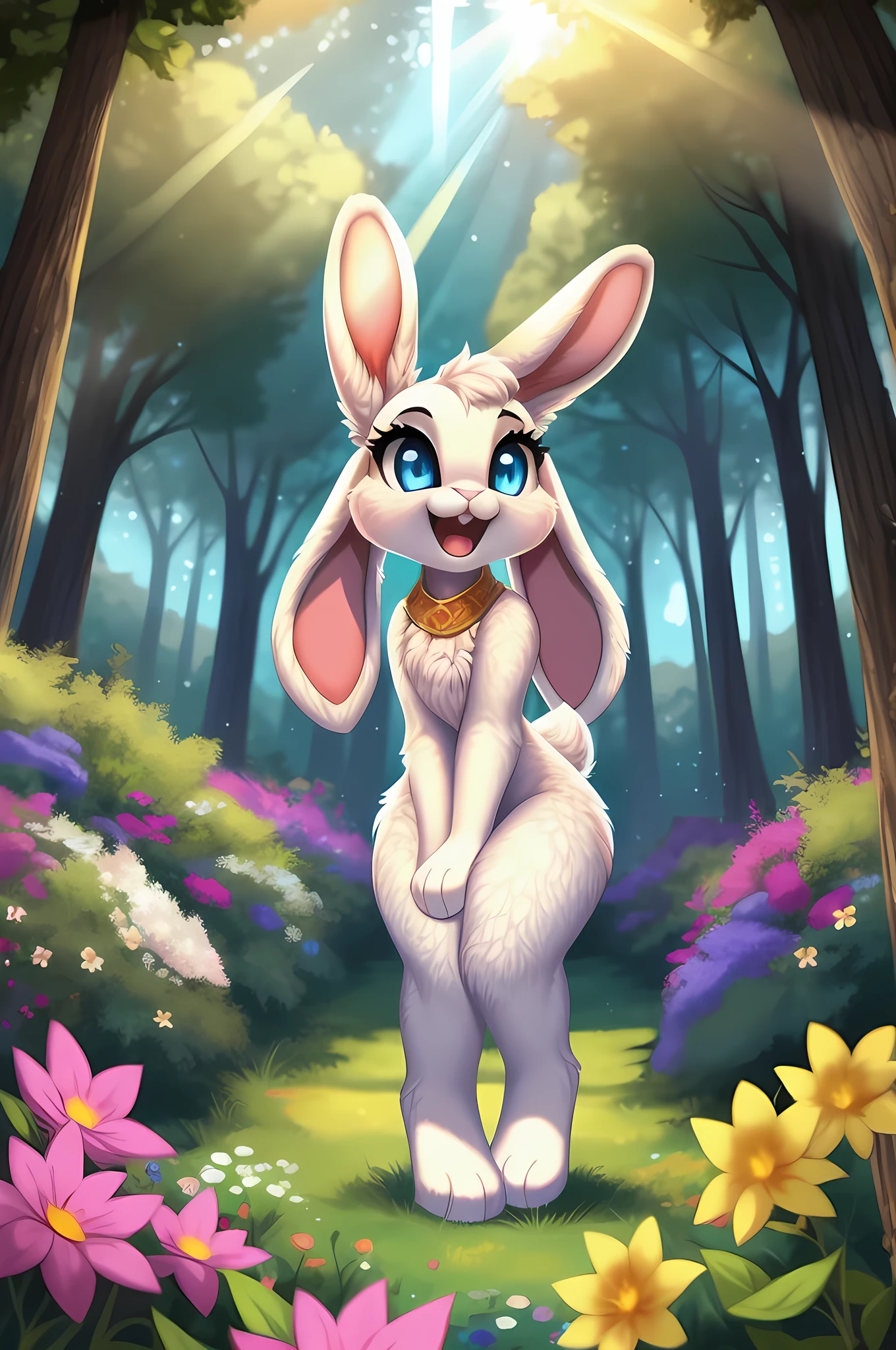 zoomed out image, fantasy style art, cute, adorable, little fluffy female white bunny with blue eyes, 2 extra ears, 4 ears, big floppy ears, long ears, ears perked up, raised ears, long eyelashes, poofy rabbit tail, smiling, standing on two hind feet, standing in a forest, big expressive smile, open mouth, wide eyes, excited eyes, excited face, stunning visuals, sunlight coming through the trees, colorful flowers scattered in the bushes, digital illustration