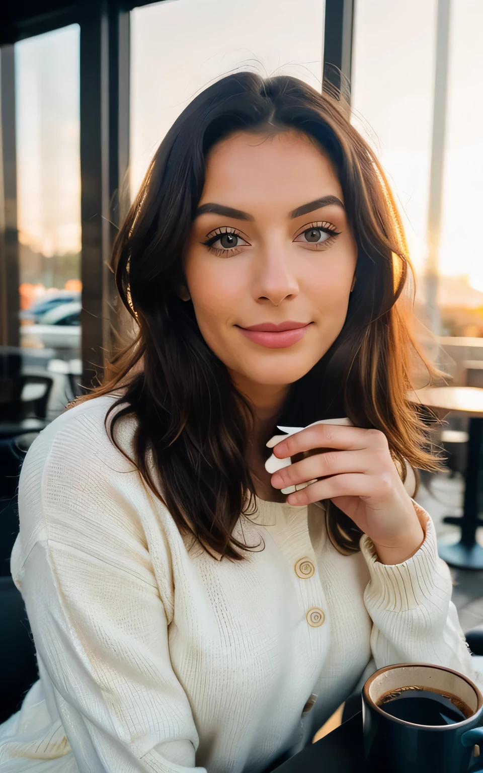 Cute beautiful blonde with yellow sweater (Drinking coffee in a modern café at sunset), sehr detailliert, , unschuldiges Gesicht, naturally wavy hair, blaue Augen, high-res, Meisterwerk, best qulaity, komplizierte Details, sehr detailliert, scharf Fokus, detaillierte Haut, realistische Hauttextur, Textur, detaillierte Augen, professionell, 4k, charming smile, aufgenommen mit Canon, 85 mm, light depth of field, Kodak Vision-Farbe, perfectly fitting body, extrem detailliert, Foto_\(ultra\), fotorealistisch, realistisch, Nachbearbeitung, maximale Details, Rauheit, echtes Leben, ultrarealistisch, Fotorealismus, Fotografie, 8k uhd, Fotografie