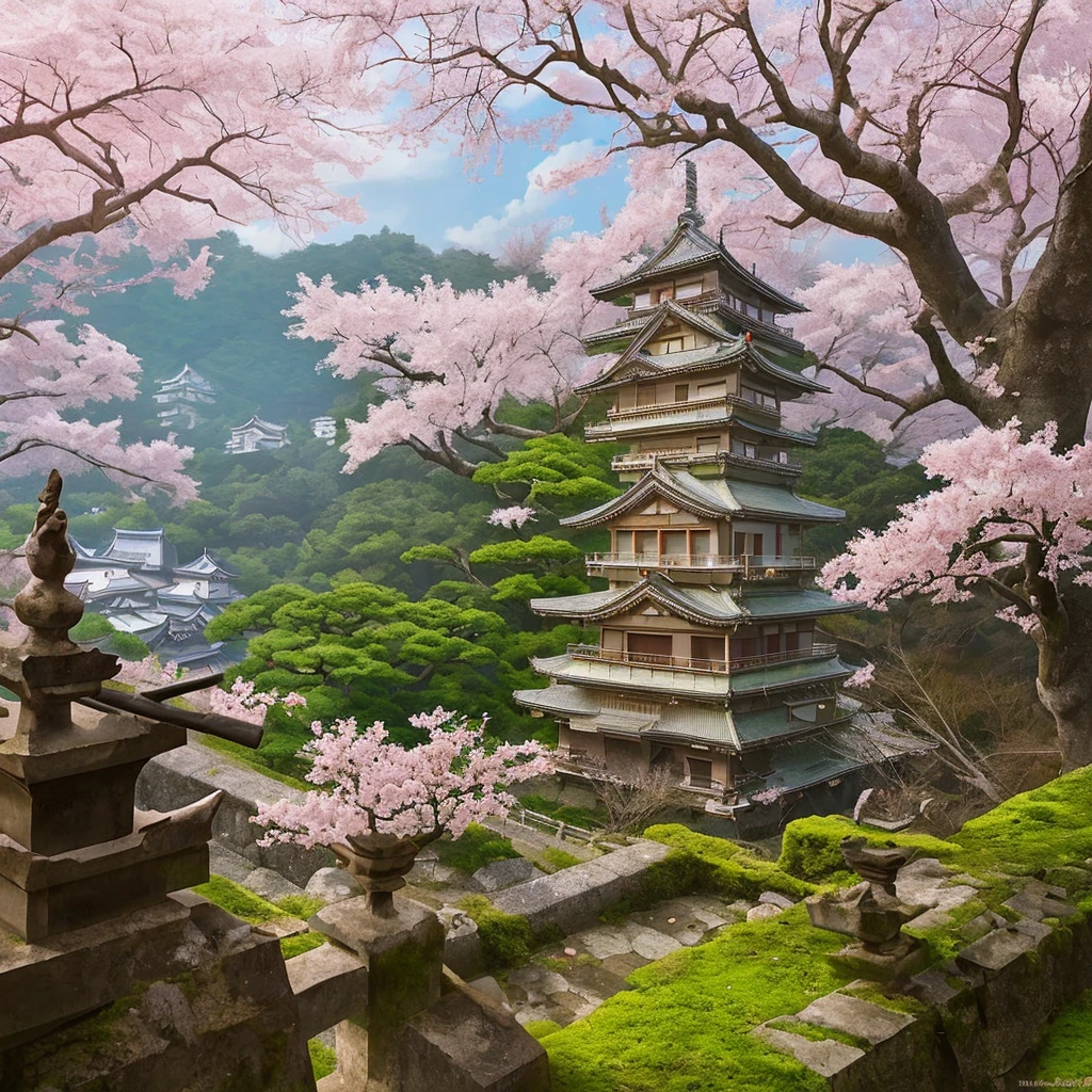 Japanese castle ruins in a cherry blossom forest