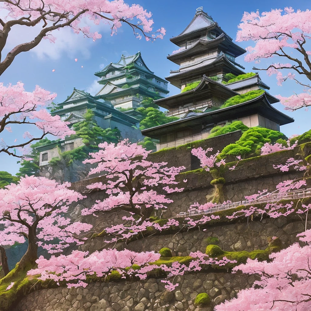 Japanese castle ruins in a cherry blossom forest