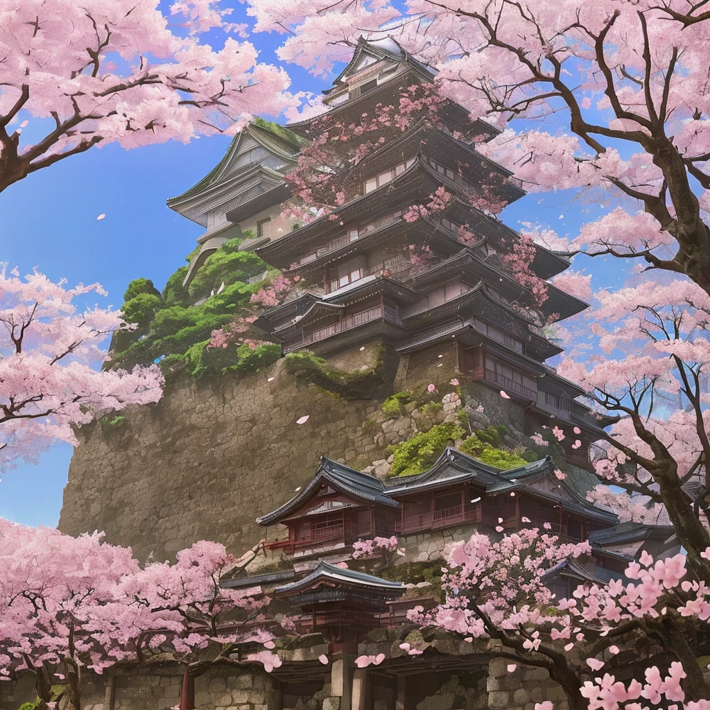 Japanese castle ruins in a cherry blossom forest