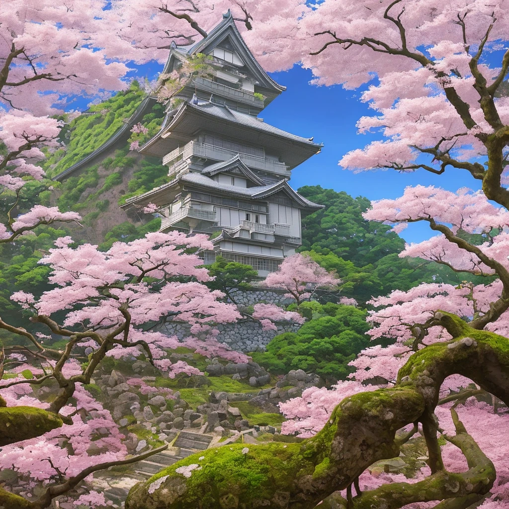Japanese castle ruins in a cherry blossom forest