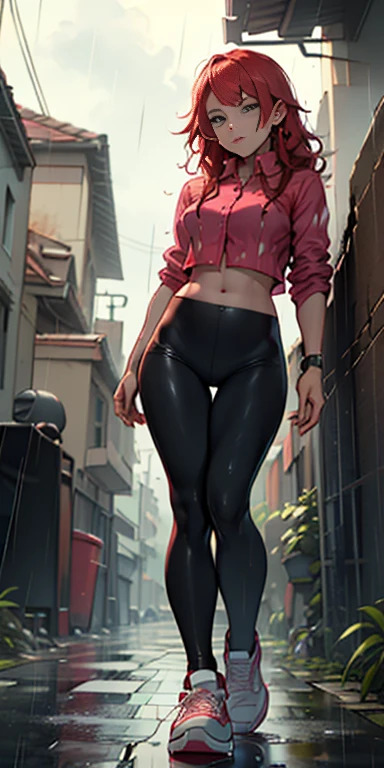 {Red-haired woman, slim big ass, muscular thighs, slim waist, symmetrical body, perfect body, she is in an alley Against a wall, Brick wall, Dim lighting, alley}, (long red hair), (detailed eyes), (bright light eyes), (feeling sensual, wearing a very short pink plush velvet blouse showing her belly, and black Leather Thermal Flannel Leggings - FashionLeg), ((white Adidas sneakers), (it's raining a lot, rainy weather , cloudy sky, raining, she is all wet), full body, ideal human, Hyper realistic, view from below.