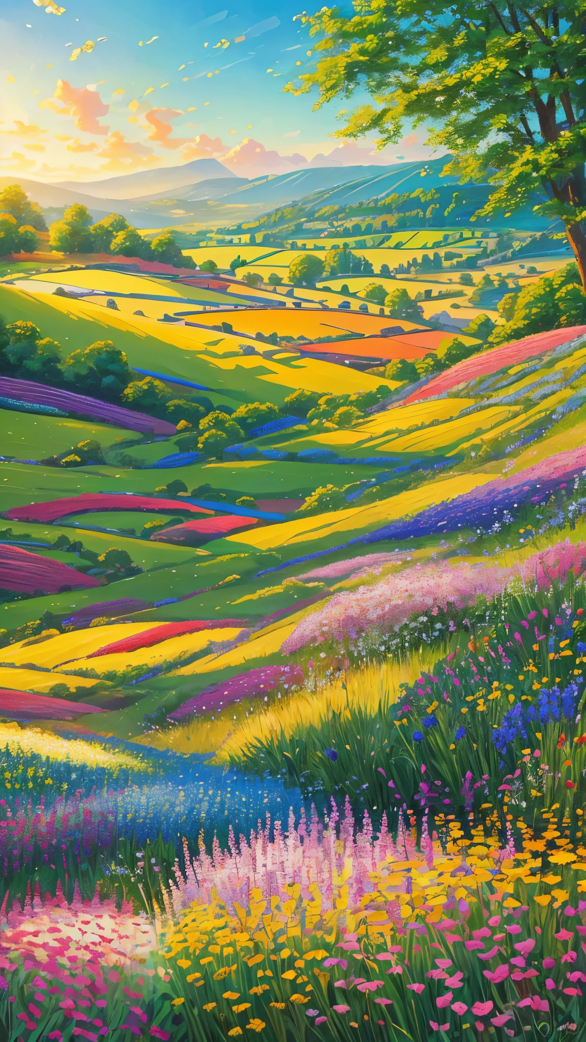 (best quality,realistic:1.2,highres),a lush green field, vibrant colorful flowers dotting the landscape,portraying the beauty of nature and the joy we can find in God's creation,illustration,extraordinary level of detail,stunning visual representation,impressive variety of flowers,serene atmosphere,sunlit scene,every blade of grass rendered with utmost precision,rich and vibrant colors,exquisite brushstrokes,picture-perfect composition,painting with a touch of impressionism,soft natural lighting,immersive experience,emphasizing the intricate details of the flowers,captivating and lifelike portrayal,awe-inspiring view,professional-level artwork,invoking a sense of tranquility and happiness.