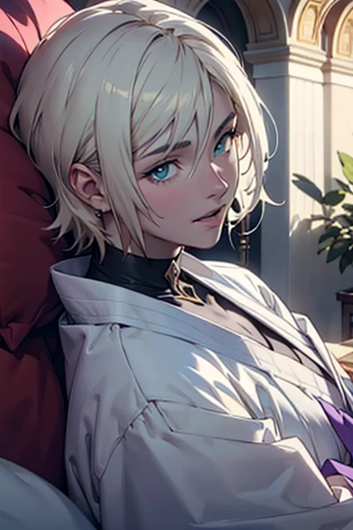 1male, anime, platinum blonde hair, straight hair, very short hair, cyan eyes, pale skin, magician, orange and purple robes, pretty, digital illustration, trending on artstation, highly detailed, vibrant colors, arabic buildings background, 4k, insane details, insane quality, historical, the arcana game, sexy, on bed, face close up, mouth closed, hot, erotic, clothes falling
