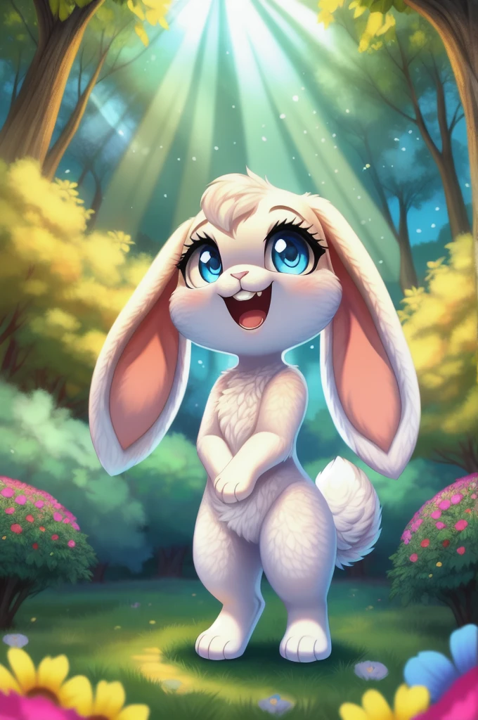 zoomed out image, fantasy style art, cute, adorable, tiny, small character, little fluffy female white bunny with blue eyes, 2 extra ears, 4 ears, big floppy ears, long ears, ears perked up, raised ears, long eyelashes, poofy rabbit tail, smiling, standing on two hind feet, standing in a forest, big expressive smile, open mouth, wide eyes, excited eyes, excited face, stunning visuals, sunlight coming through the trees, colorful flowers scattered in the bushes, digital illustration