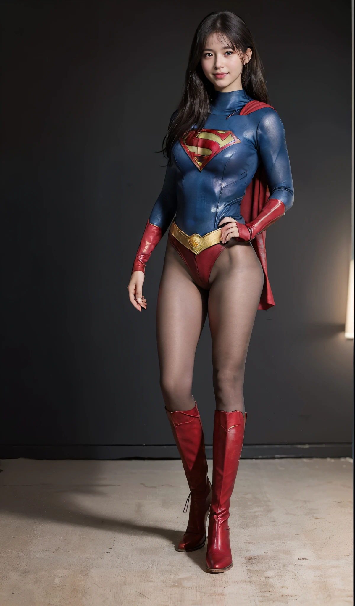 No background、(((Beautiful legs in black tights.)))、(((Legally express the beauty of your smile)))、((((Make the most of your original images)))、(((Supergirl Costume)))、(((ボディにフィットしたSupergirl Costume)))、(((Beautiful hair in a ponytail)))、(((Smiles and winks)))、(((Please wear black tights....、Wear red boots)))、((Best image quality、8k))、((highest quality、8k、masterpiece:1.3))、(((Preserve background )))、Sharp focus:1.2、Beautiful woman with perfect figure:1.lim Abs:1.2、Wet body:1.5、Highly detailed face and skin texture、8k