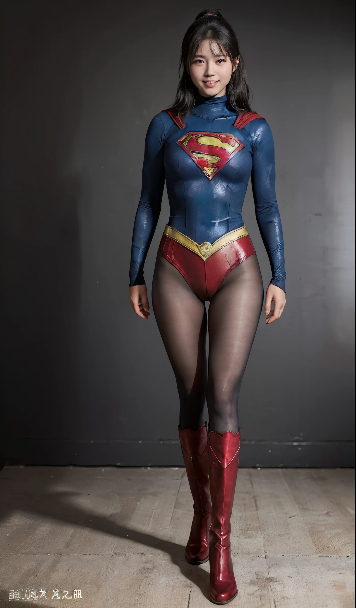 No background、(((Beautiful legs in black tights.)))、(((Legally express the beauty of your smile)))、((((Make the most of your original images)))、(((Supergirl Costume)))、(((ボディにフィットしたSupergirl Costume)))、(((Beautiful hair in a ponytail)))、(((Smiles and winks)))、(((Please wear black tights....、Wear red boots)))、((Best image quality、8k))、((highest quality、8k、masterpiece:1.3))、(((Preserve background )))、Sharp focus:1.2、Beautiful woman with perfect figure:1.4、Slim Abs:1.2、Wet body:1.5、Highly detailed face and skin texture、8k
