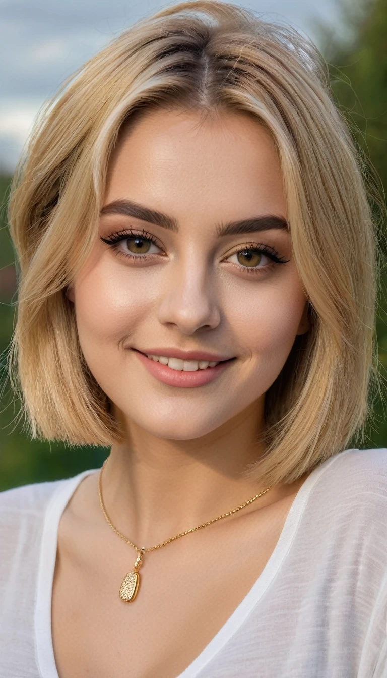 hyperrealistic beautiful busty 18-year-old women wearing basic outfit, model shooting full body photography, view from behind, natural blonde short classic bob, dark eye makeup with eyeliner, seductive smile, small necklace, 8K, best quality, Meisterwerk, ultra high resolution, (Realismus: 1.4), Originalfoto, (realistische Hautstruktur: 1.3), (Filmkorn: 1.3), (Selfie-Winkel), 1 girl, Beautiful round hazel eyes and facial details, Meisterwerk, best quality, selfie-pic-posing outside, nsfw