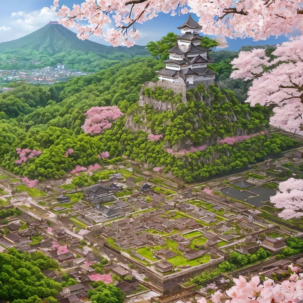 Japanese castle ruins in a cherry blossom forest