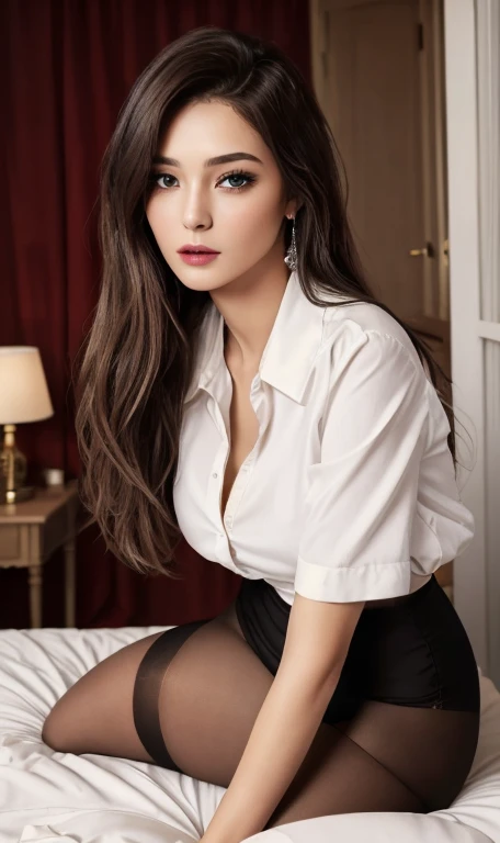 ((Top Quality、16K、masterpiece:1.3))、a tall and beautiful woman、Perfect Figure:1.4、(retro futuristic aesthetic) 60s future, young girl (charming) solo, pale-brown hair (60s hairstyle), realistic hair, realistic eyes, pale-white skin (highlighted, realistic shading)、huge bust、Highly detailed facial and skin texture、(A detailed eye, Symmetry Eyes, Clear realistic eyes, Double eyelidd、Cold-stricken face、Symmetrical face), very realistic skin, goth makeup, Royal sisters full of fans、The Telegraph Esbian、peach buttocks, white women's shirt, alternative skirt, black tights, squart、(Raw foto:1.2)、((Photorealcitic:1.4))Top Quality、masterpiece、Real Photography、very delicate and beautiful.、super detailed CG、Unity、8K photo wallpaper、delicate detail、best qualtiy、Highly detailed CG unity 16k wallpaper、absurderes、Incredibly Absurd、huge file size、extremely highly detailed、Hight Resolution、ighly Details、Beautiful detail girl、extremely beautiful eyes and face, cute eyes look、Facial light、cinematic lightings、(Proportional hips, thick thighs, beautiful legs, realistic pantyhose) 1girll、see -through, inside house (bedroom) 、ulzzang-6500、The Telegraph Esbian, different poses at different angles,