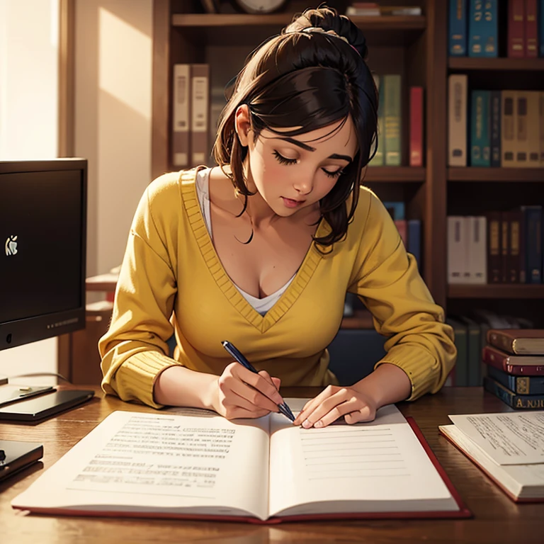 Maestra sentada en el escritorio