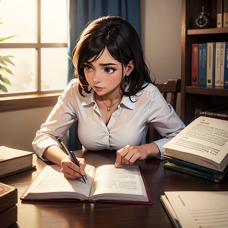 Maestra sentada en el escritorio