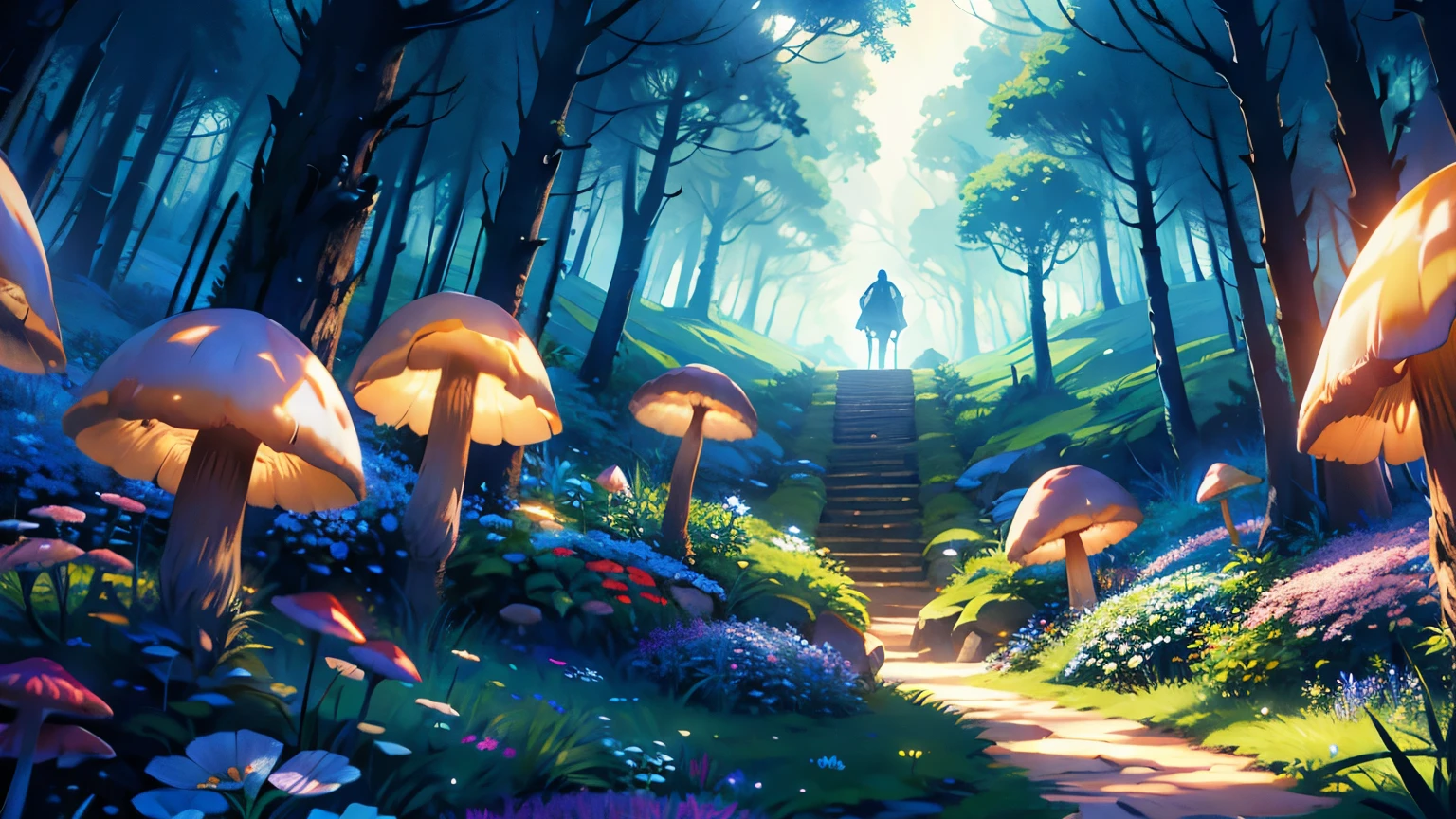 An ultra-detailed masterpiece, best in quality, presented in a stunning 8K resolution, showcasing an extremely detailed and photorealistic representation of a surrealistic wonderland from Alice in Wonderland. With intense details. An open space.The soft phosphoric light, complemented by dynamic lighting effects, creating a whimsical and magical atmosphere reminiscent of divine worship. Greenary and flowers, with mushrooms decorate the background. Daylight and heavenly glow. Beautiful and mystical, out of the world