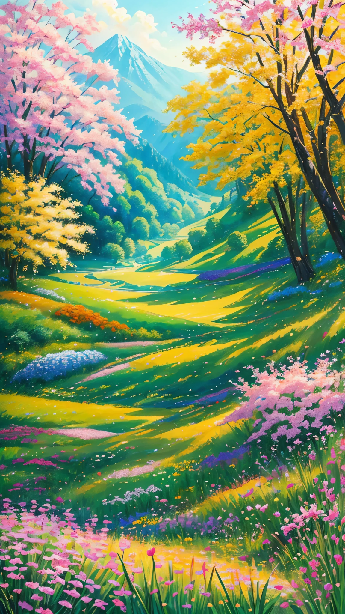(best quality,realistic:1.2,highres),a lush green field, vibrant colorful flowers dotting the landscape,portraying the beauty of nature and the joy we can find in God's creation,illustration,extraordinary level of detail,stunning visual representation,impressive variety of flowers,serene atmosphere,sunlit scene,every blade of grass rendered with utmost precision,rich and vibrant colors,exquisite brushstrokes,picture-perfect composition,painting with a touch of impressionism,soft natural lighting,immersive experience,emphasizing the intricate details of the flowers,captivating and lifelike portrayal,awe-inspiring view,professional-level artwork,invoking a sense of tranquility and happiness.