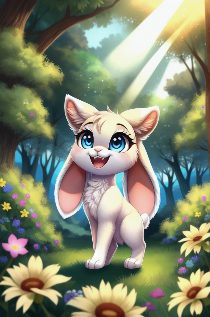 zoomed out image, fantasy style art, cute, adorable, tiny, small character, little fluffy female white bunny with blue eyes, 2 extra ears, 4 ears, big floppy ears, long ears, ears perked up, raised ears, 2 ears perked up and 2 ears flopping down, long eyelashes, smiling, standing on two hind feet, standing in a forest, big expressive smile, open mouth, wide eyes, excited eyes, excited face, stunning visuals, sunlight coming through the trees, colorful flowers scattered in the bushes, digital illustration